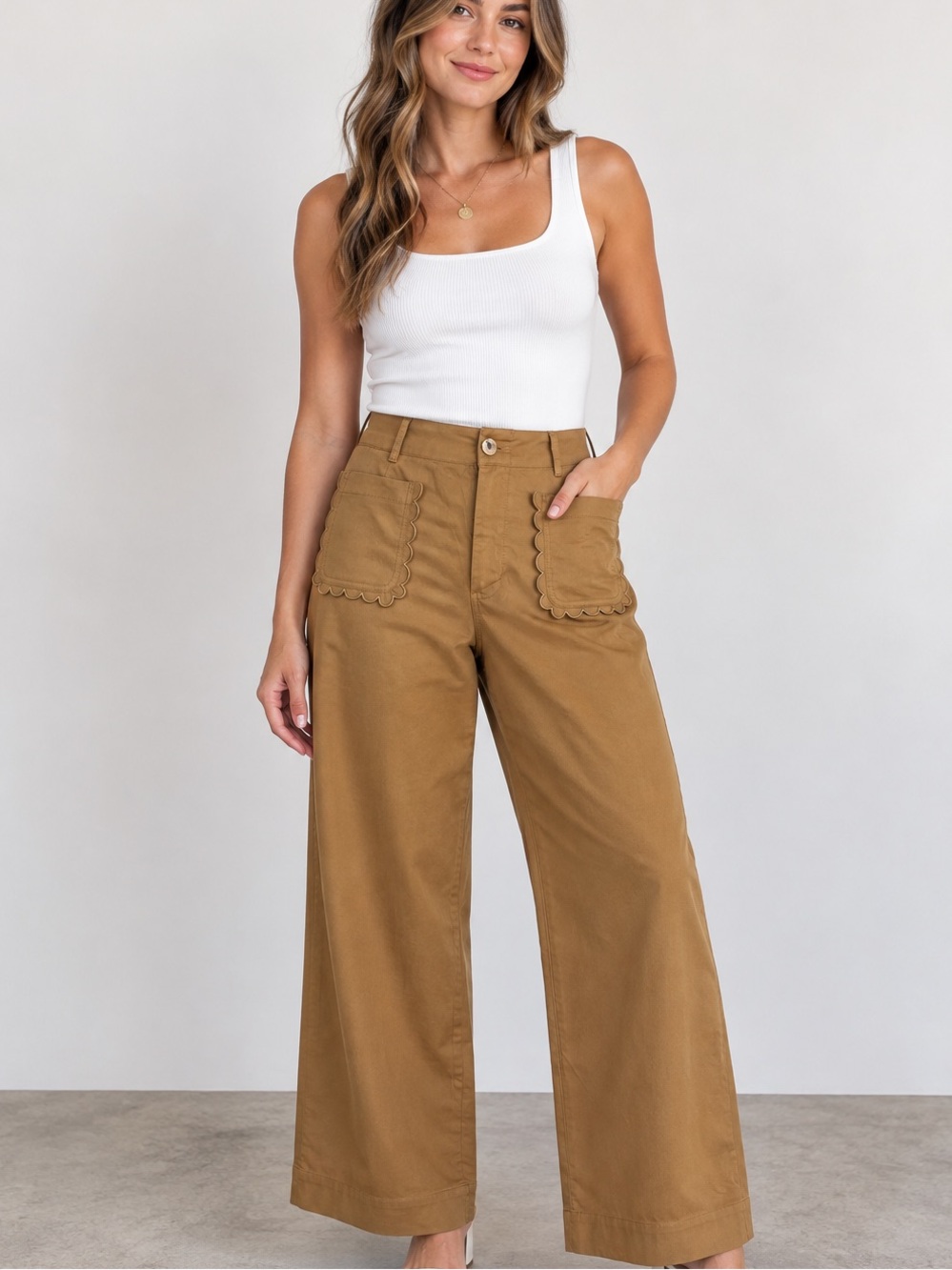 ee:some Brown Wide Leg Pants L Scallop Pockets Boho Coastal NWT